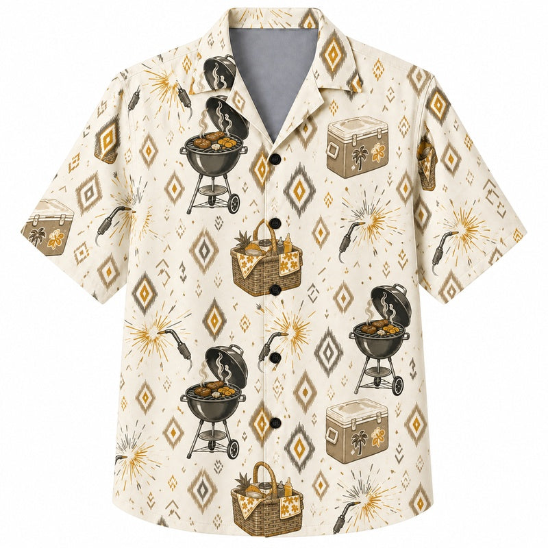 Labor Day Hawaiian Shirt- Picnic Basket and Grill Print for Cookouts