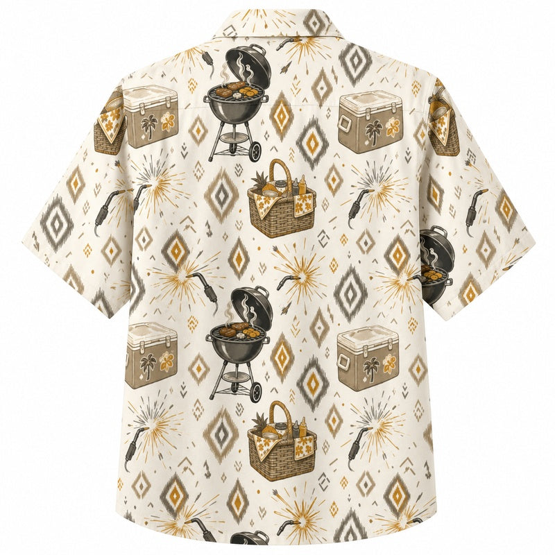 Labor Day Hawaiian Shirt- Picnic Basket and Grill Print for Cookouts