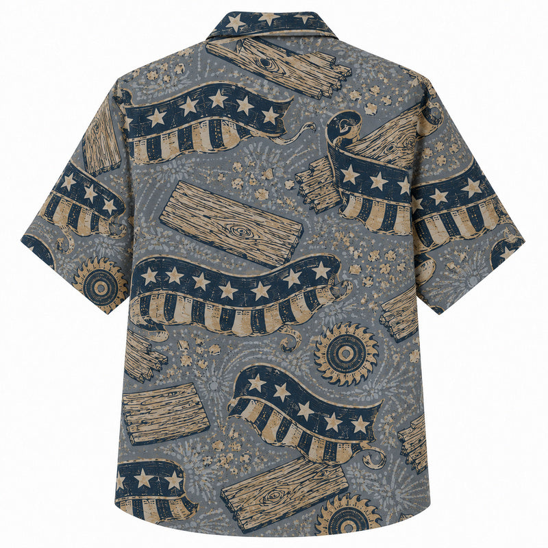Labor Day Hawaiian Shirt- Plank Sign Star Ribbon Print for the Long Weekend