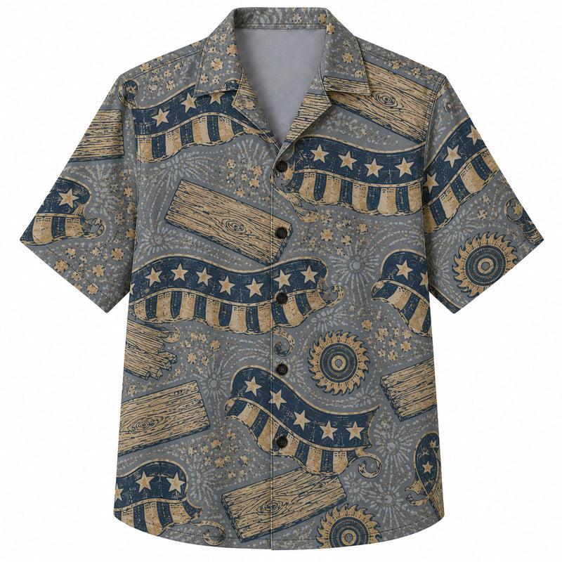 Labor Day Hawaiian Shirt- Plank Sign Star Ribbon Print for the Long Weekend