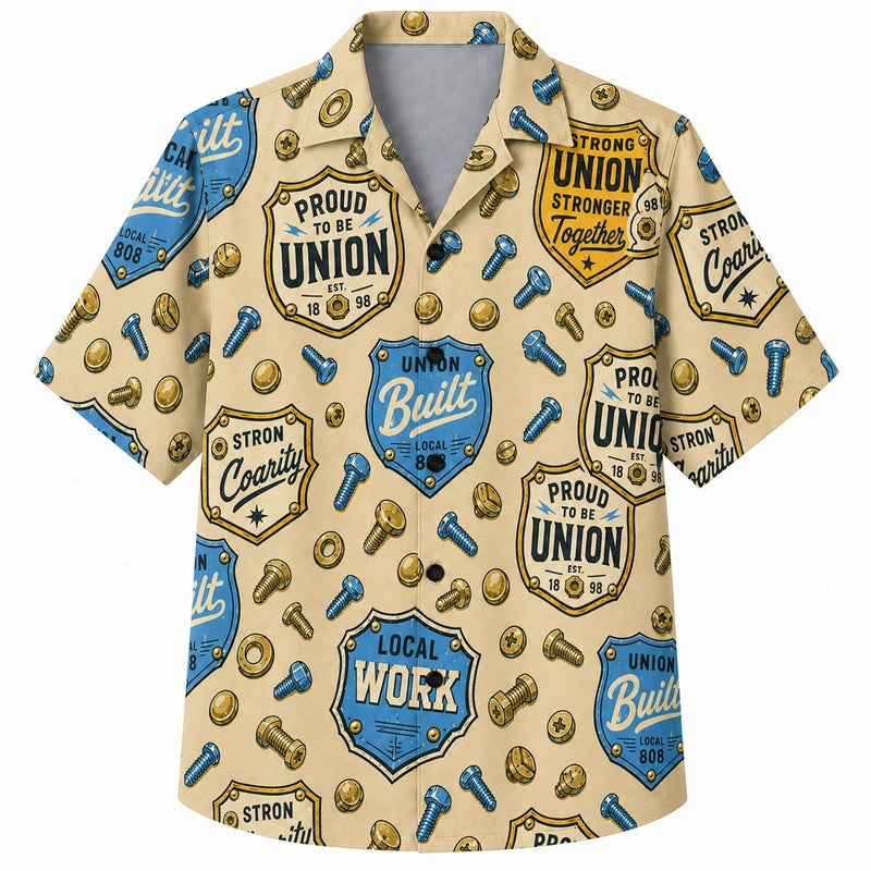 Labor Day Hawaiian Shirt- Proud Union Badge Bolt Print for Workers