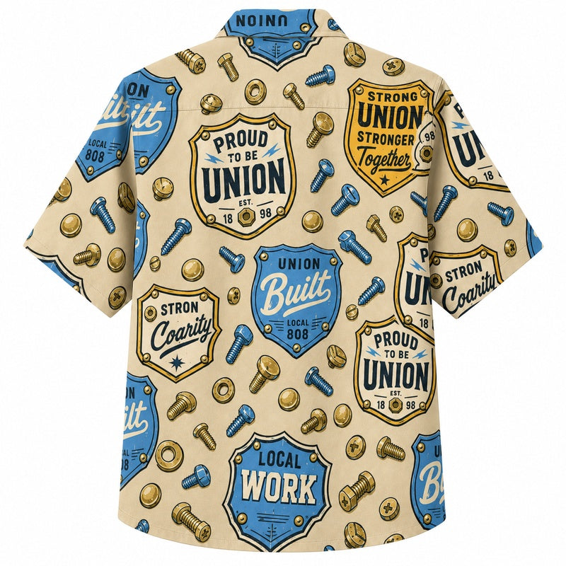 Labor Day Hawaiian Shirt- Proud Union Badge Bolt Print for Workers