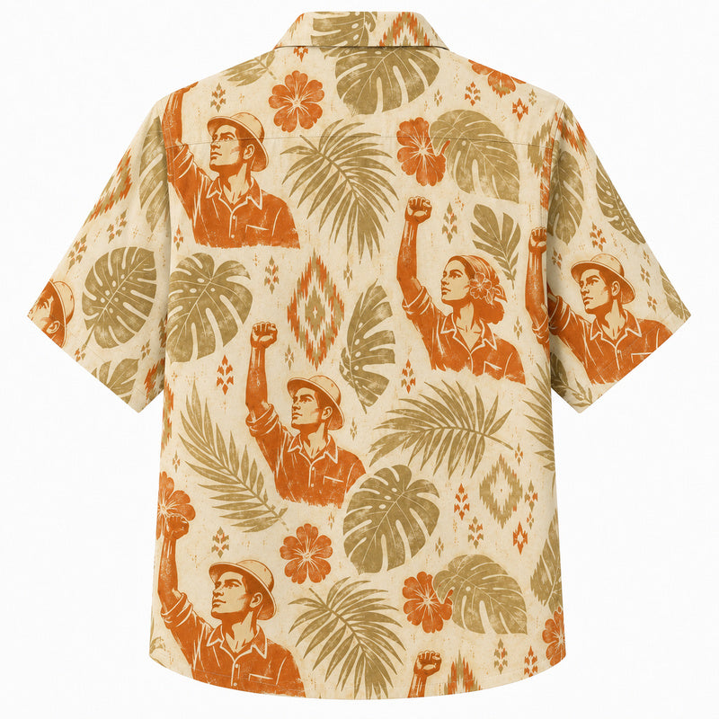 Labor Day Hawaiian Shirt - Raised Fist Worker Hibiscus Print for the Crew