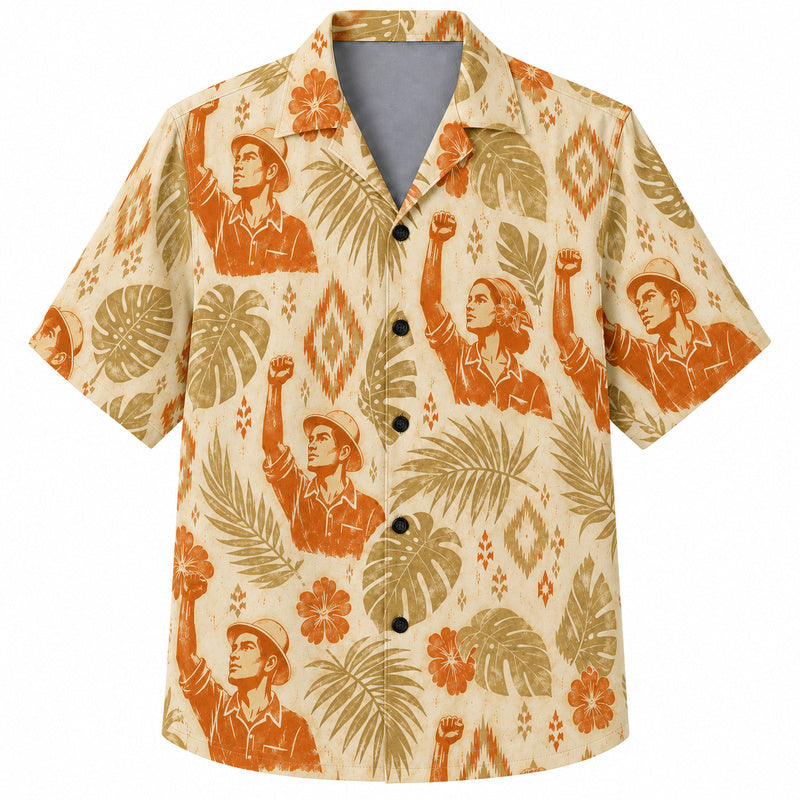 Labor Day Hawaiian Shirt - Raised Fist Worker Hibiscus Print for the Crew