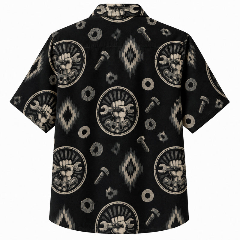 Labor Day Hawaiian Shirt- Raised Fist and Wrench Emblem Ikat Print