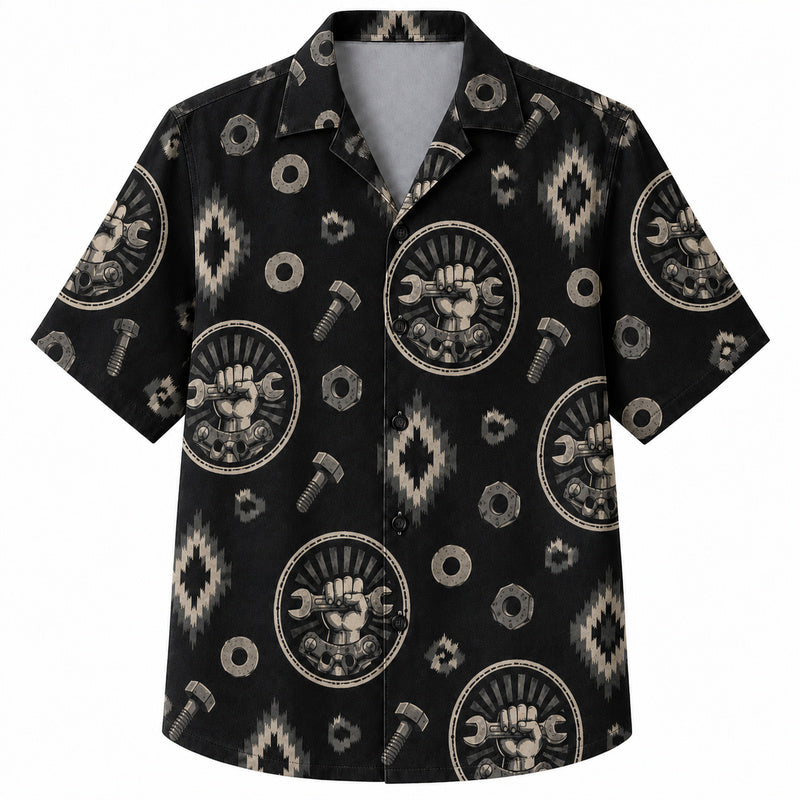 Labor Day Hawaiian Shirt- Raised Fist and Wrench Emblem Ikat Print