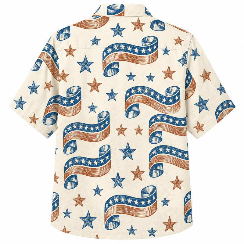 Labor Day Hawaiian Shirt- Ribbon Streamer and Star Parade Print