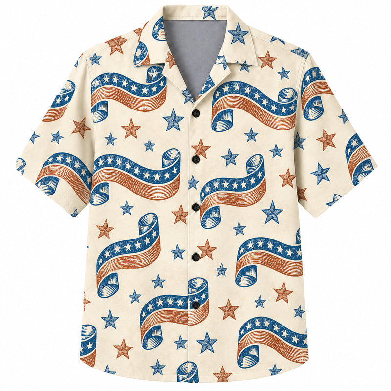 Labor Day Hawaiian Shirt- Ribbon Streamer and Star Parade Print