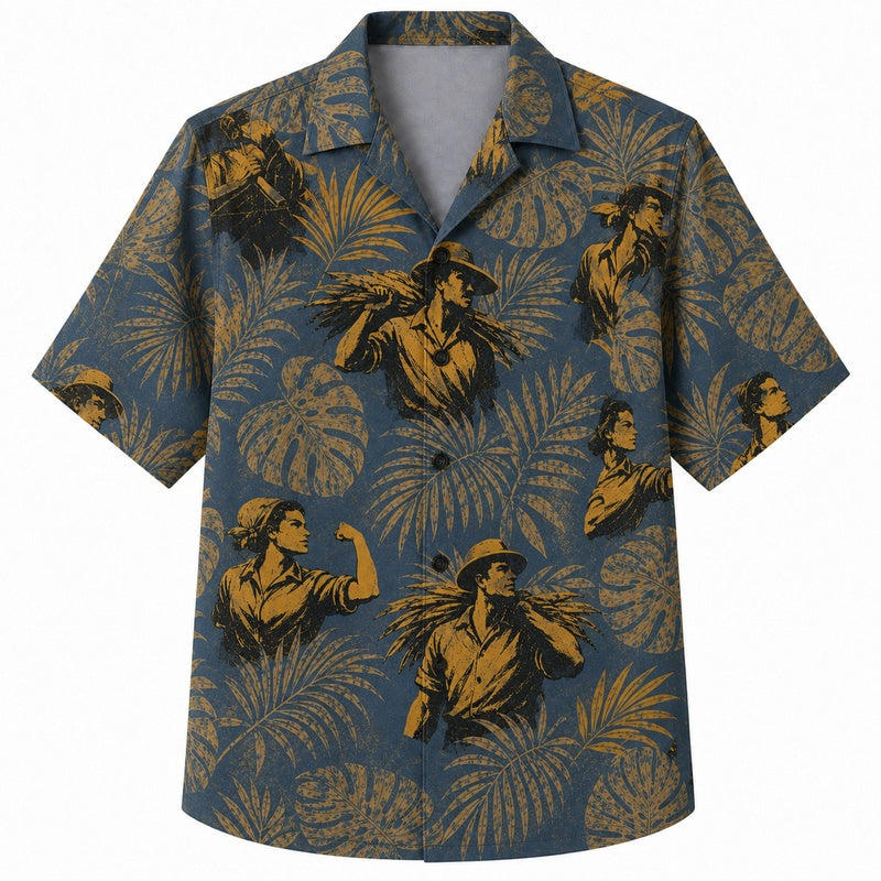 Labor Day Hawaiian Shirt- Riveter and Palm Foliage Print for Workers