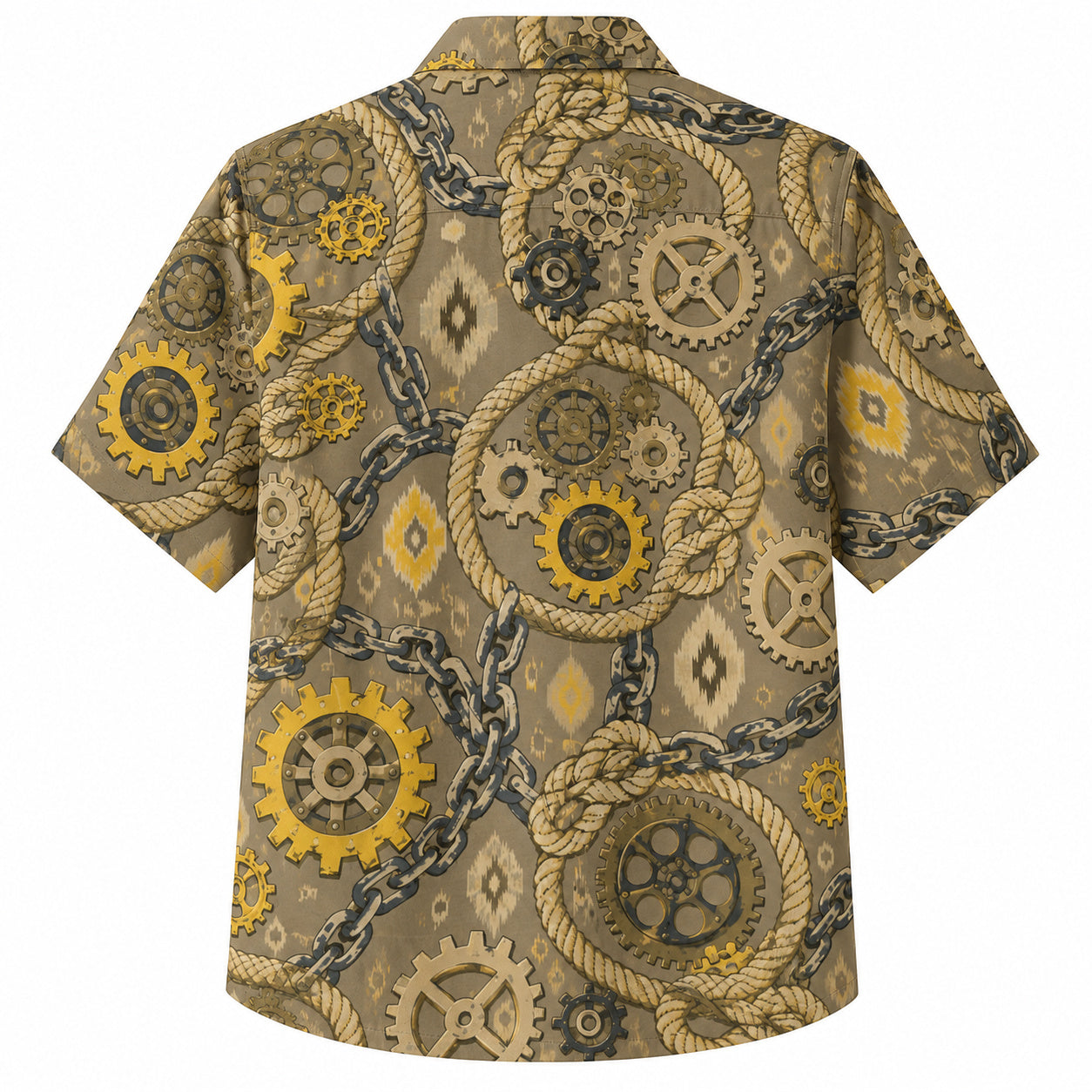 Labor Day Hawaiian Shirt- Rope Chain and Gear Damask Print in Olive