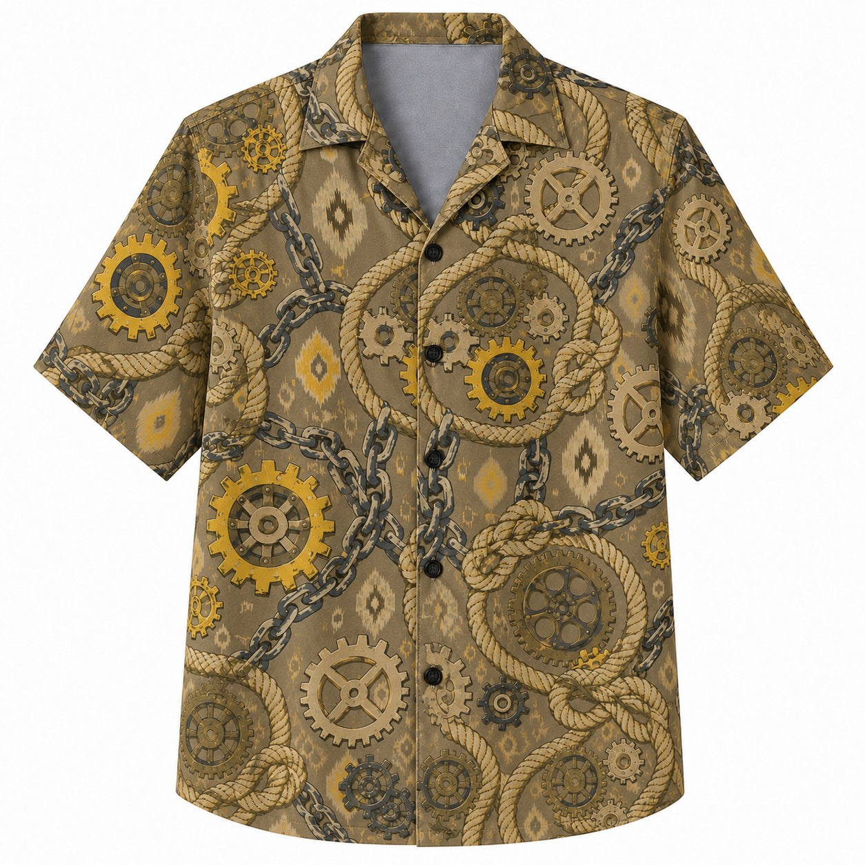Labor Day Hawaiian Shirt- Rope Chain and Gear Damask Print in Olive