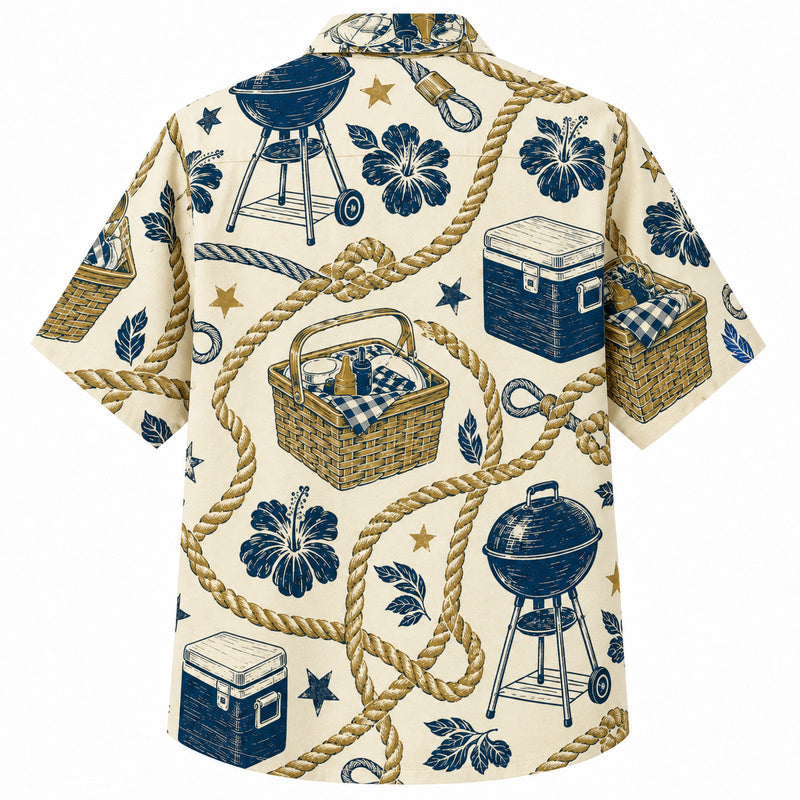 Labor Day Hawaiian Shirt- Rope Cooler Grill Bloom Pattern for Summer