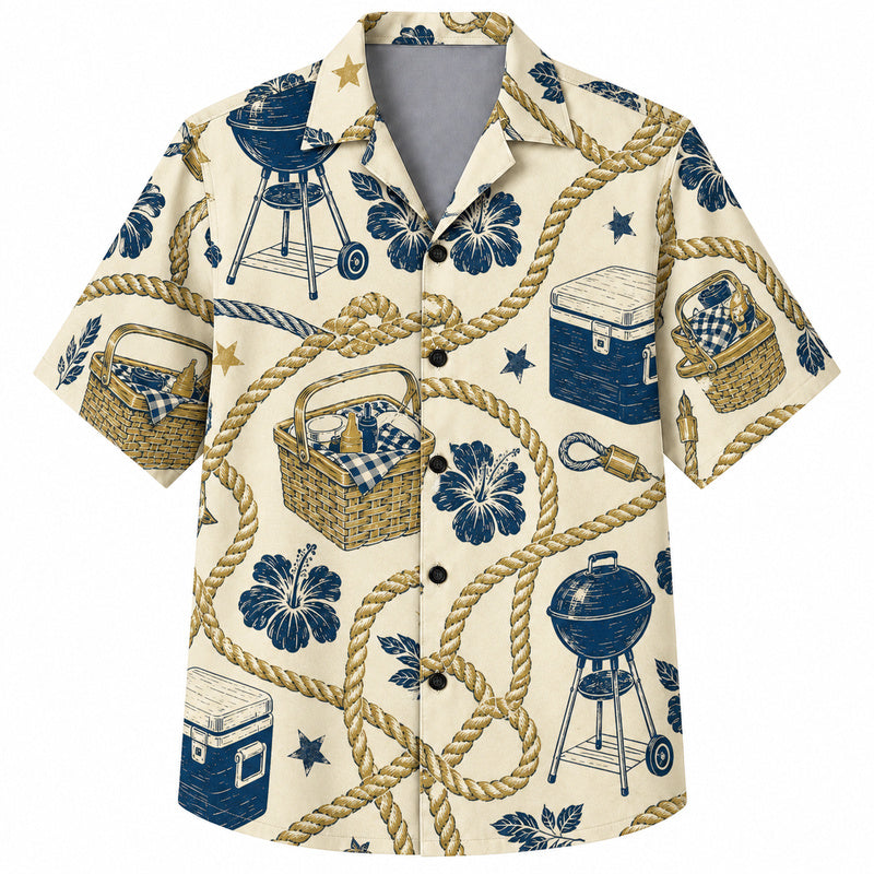 Labor Day Hawaiian Shirt- Rope Cooler Grill Bloom Pattern for Summer