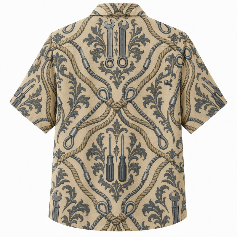 Labor Day Hawaiian Shirt- Rope Knot Damask with Wrench Tool Print