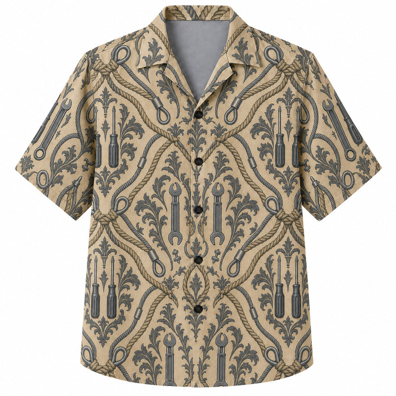 Labor Day Hawaiian Shirt- Rope Knot Damask with Wrench Tool Print