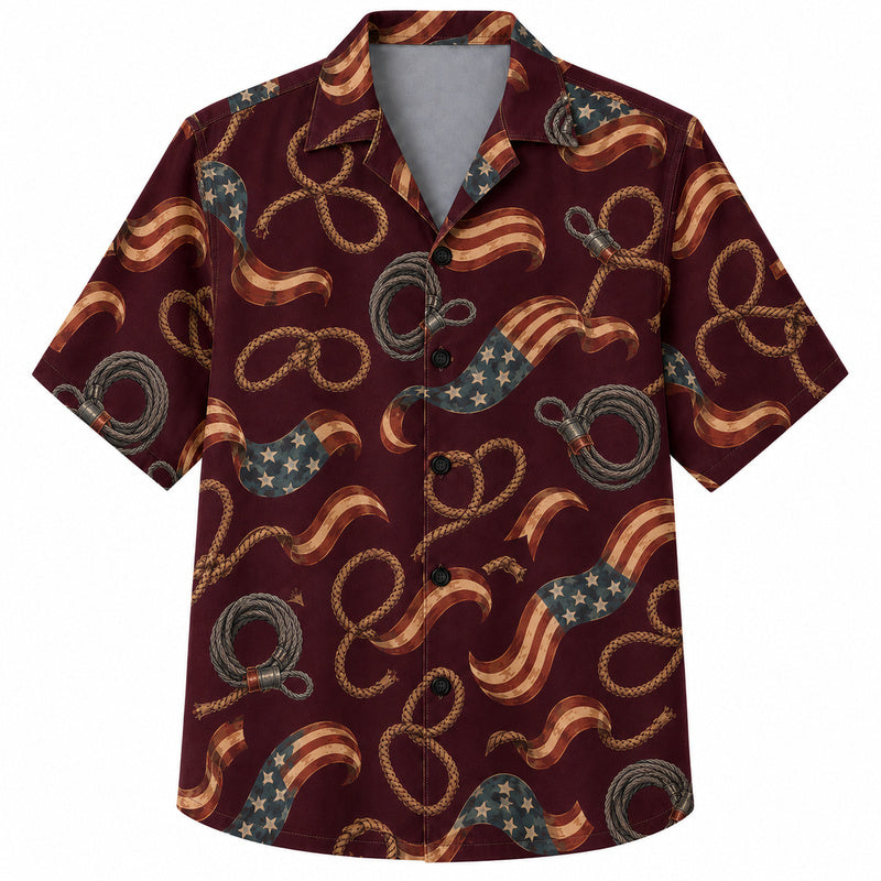 Labor Day Hawaiian Shirt- Rope Knot and Flag Ribbon Print in Burgundy