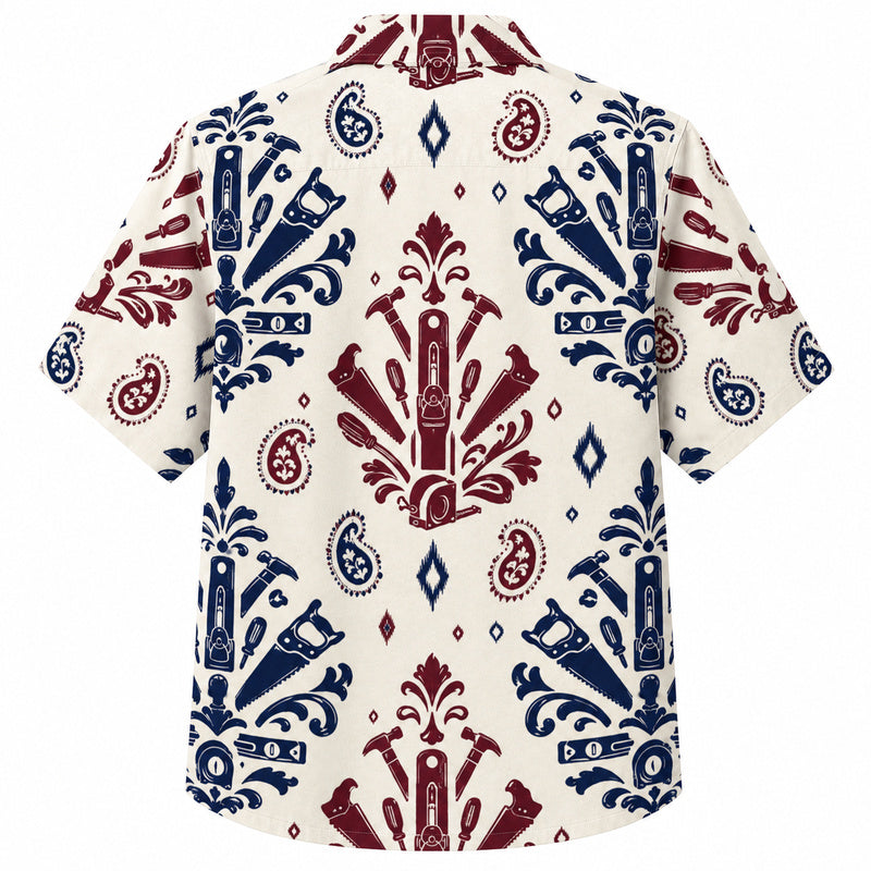 Labor Day Hawaiian Shirt- Saw and Hammer Damask Print for the Long Weekend