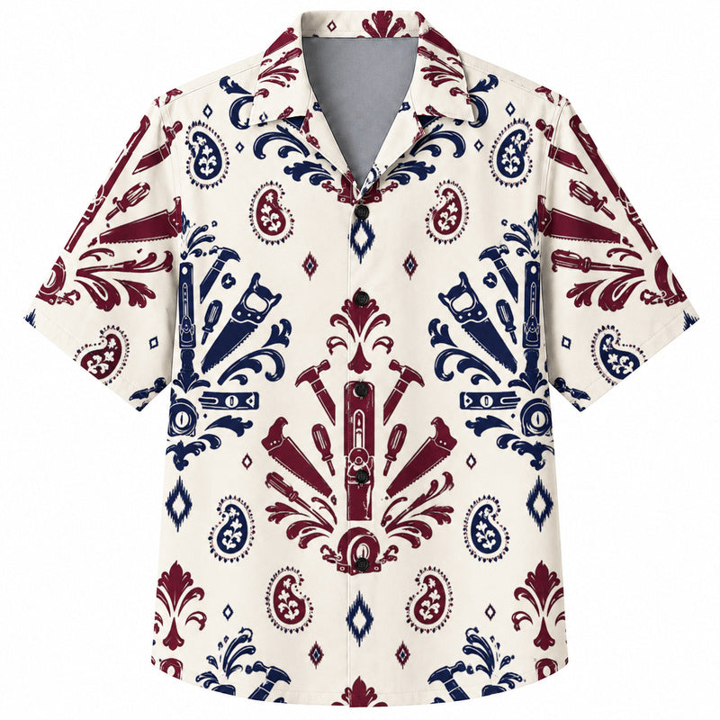 Labor Day Hawaiian Shirt- Saw and Hammer Damask Print for the Long Weekend