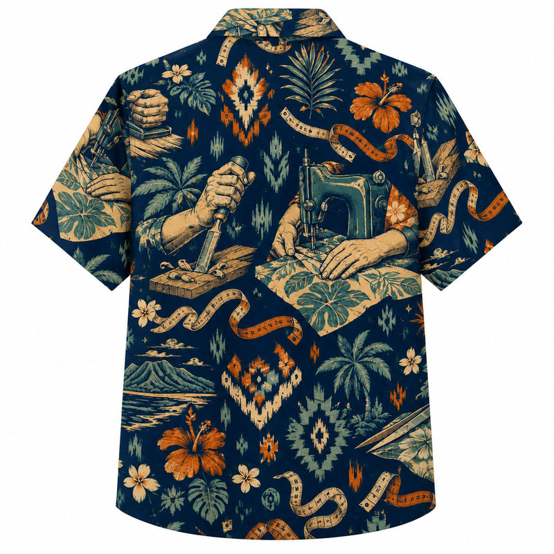 Labor Day Hawaiian Shirt - Sewing Machine Palm Hibiscus Print for Workers