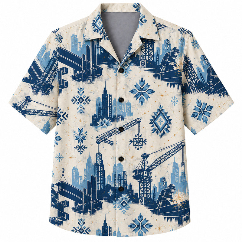 Labor Day Hawaiian Shirt- Skyline Beam Ironworker Pattern for Summer