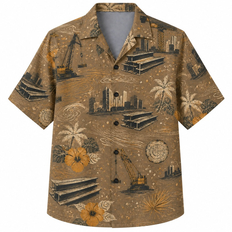 Labor Day Hawaiian Shirt- Skyline Crane and Bloom Print for Men