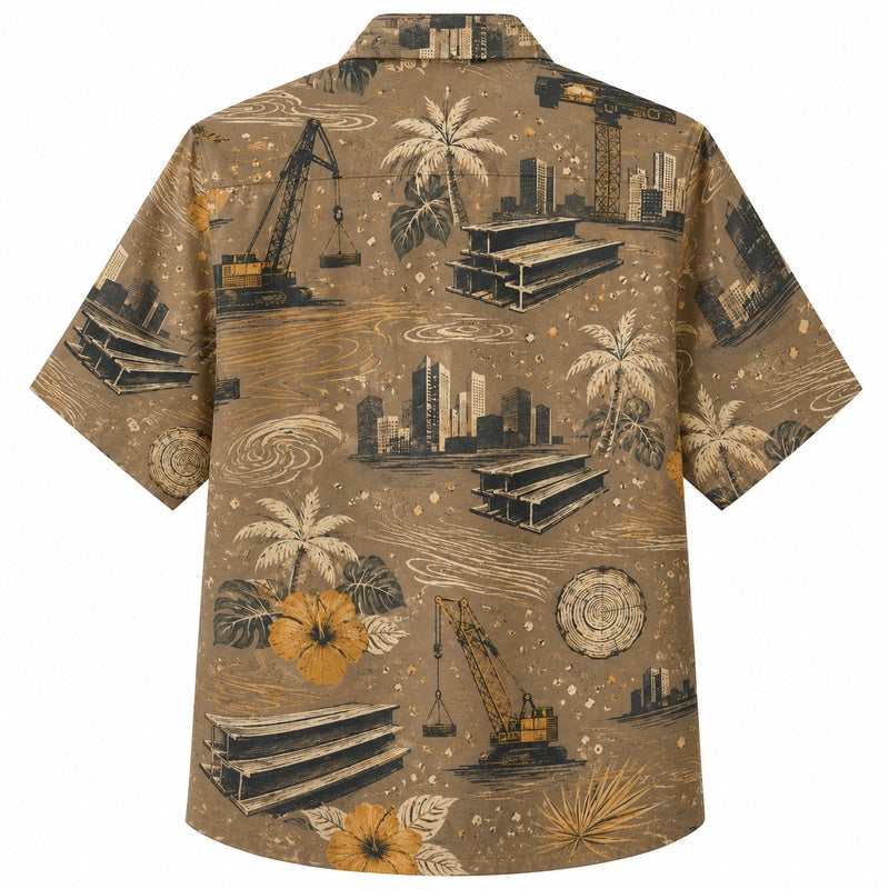 Labor Day Hawaiian Shirt- Skyline Crane and Bloom Print for Men