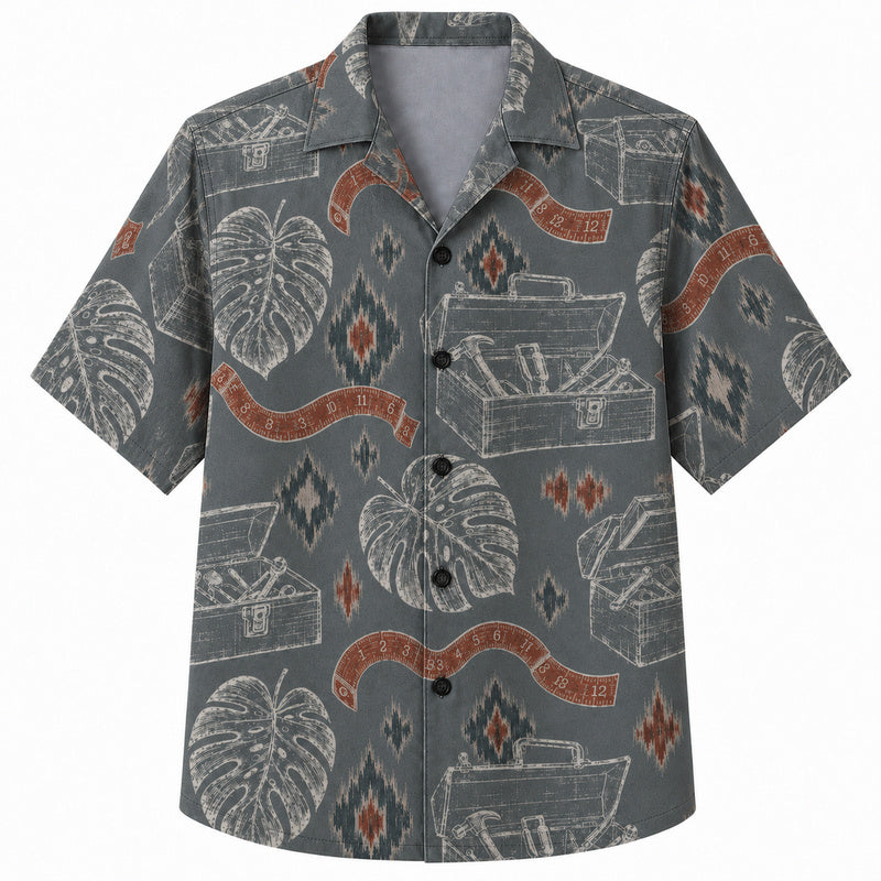 Labor Day Hawaiian Shirt- Slate Toolbox and Tape Measure Print