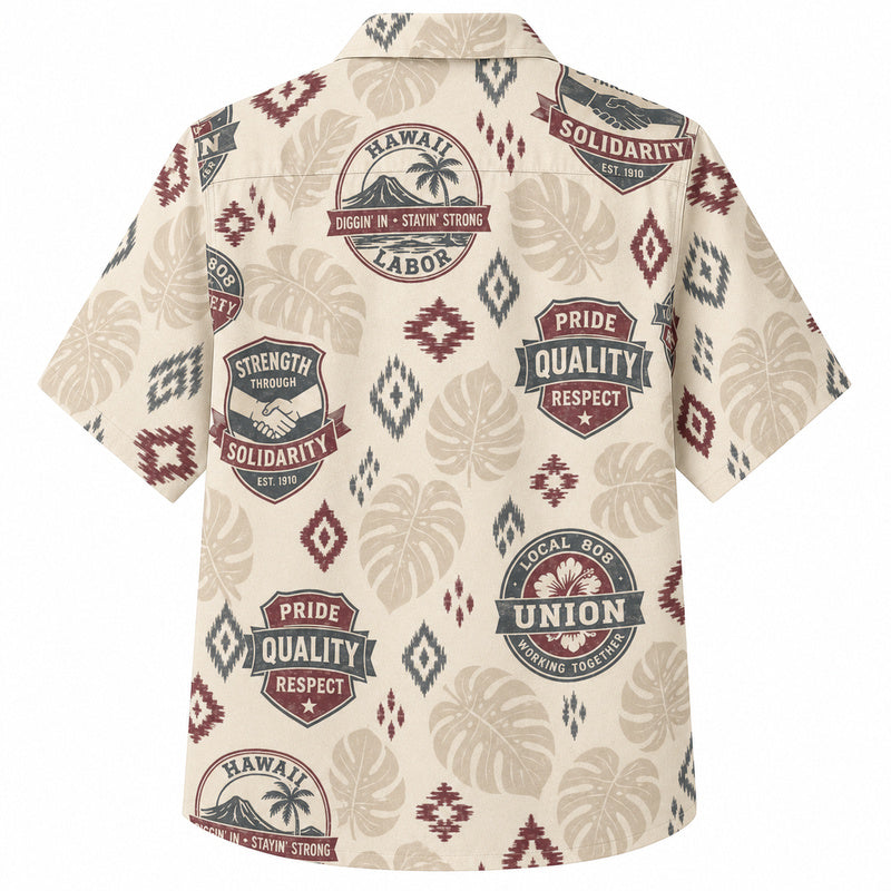 Labor Day Hawaiian Shirt- Solidarity Badge and Monstera Aztec Print