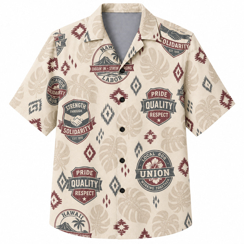 Labor Day Hawaiian Shirt- Solidarity Badge and Monstera Aztec Print