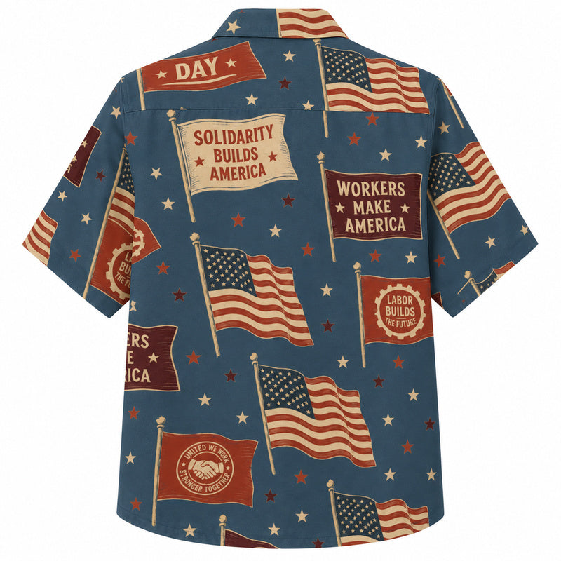 Labor Day Hawaiian Shirt- Solidarity Banner and Flag Print for Summer