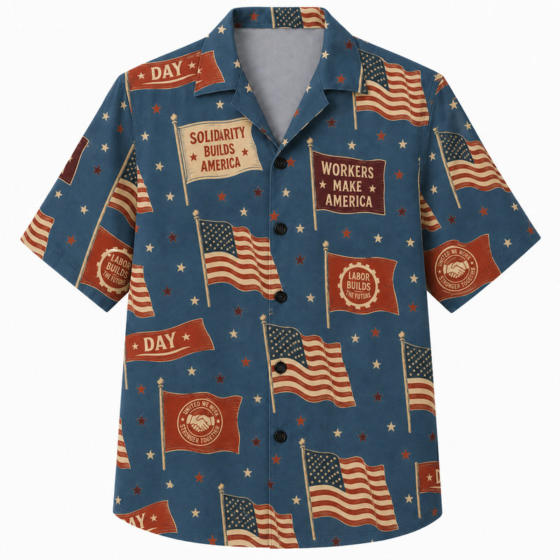 Labor Day Hawaiian Shirt- Solidarity Banner and Flag Print for Summer