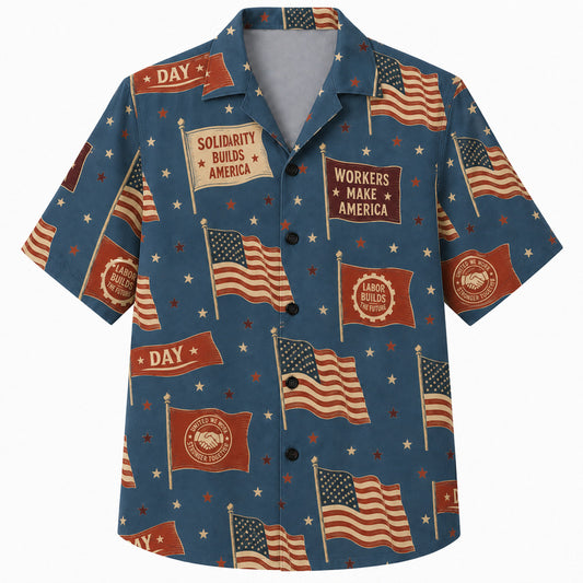 Labor Day Hawaiian Shirt- Solidarity Banner and Flag Print for Summer
