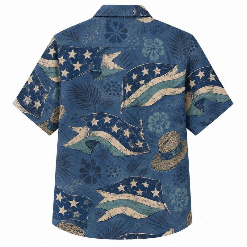 Labor Day Hawaiian Shirt Star Ribbon Navy Print for the Holiday