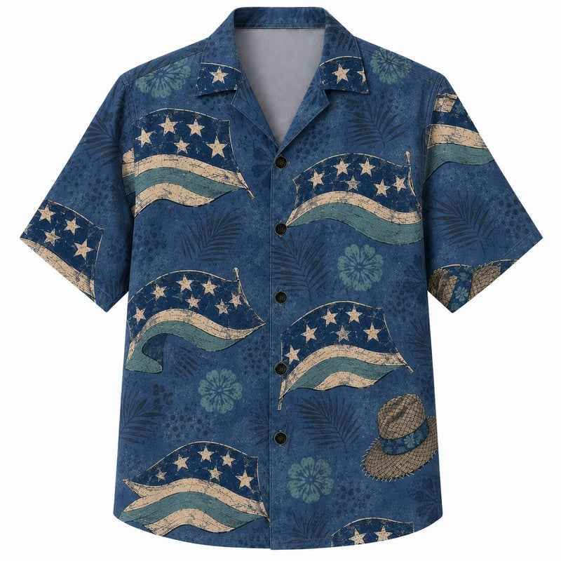 Labor Day Hawaiian Shirt Star Ribbon Navy Print for the Holiday