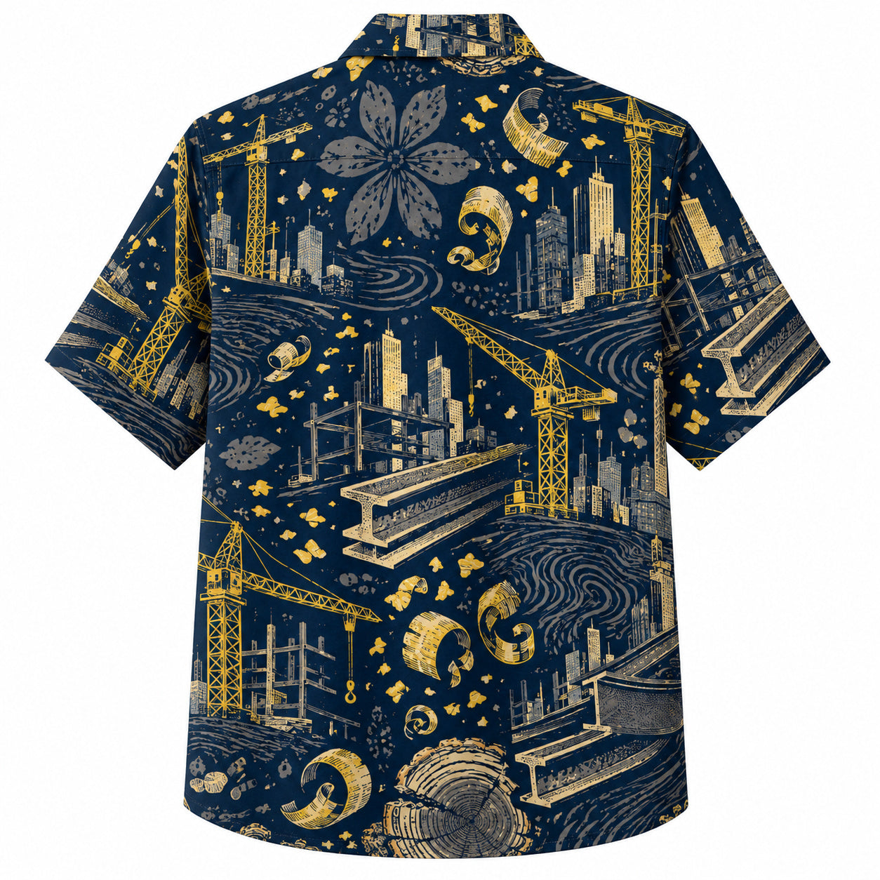Labor Day Hawaiian Shirt- Starry Night Crane and Girder Skyline Print