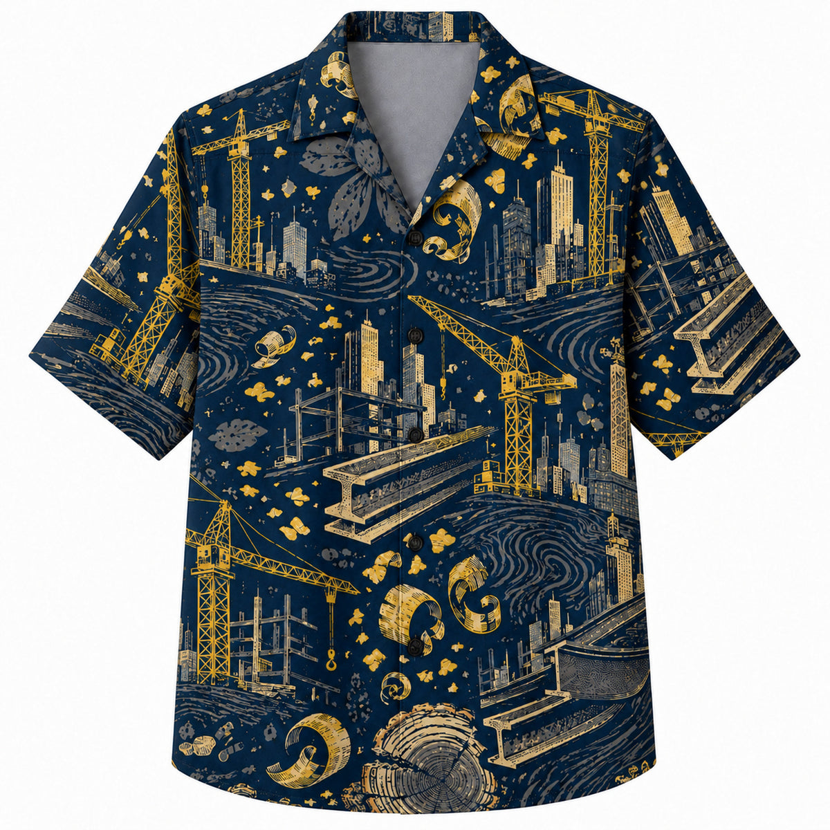 Labor Day Hawaiian Shirt- Starry Night Crane and Girder Skyline Print