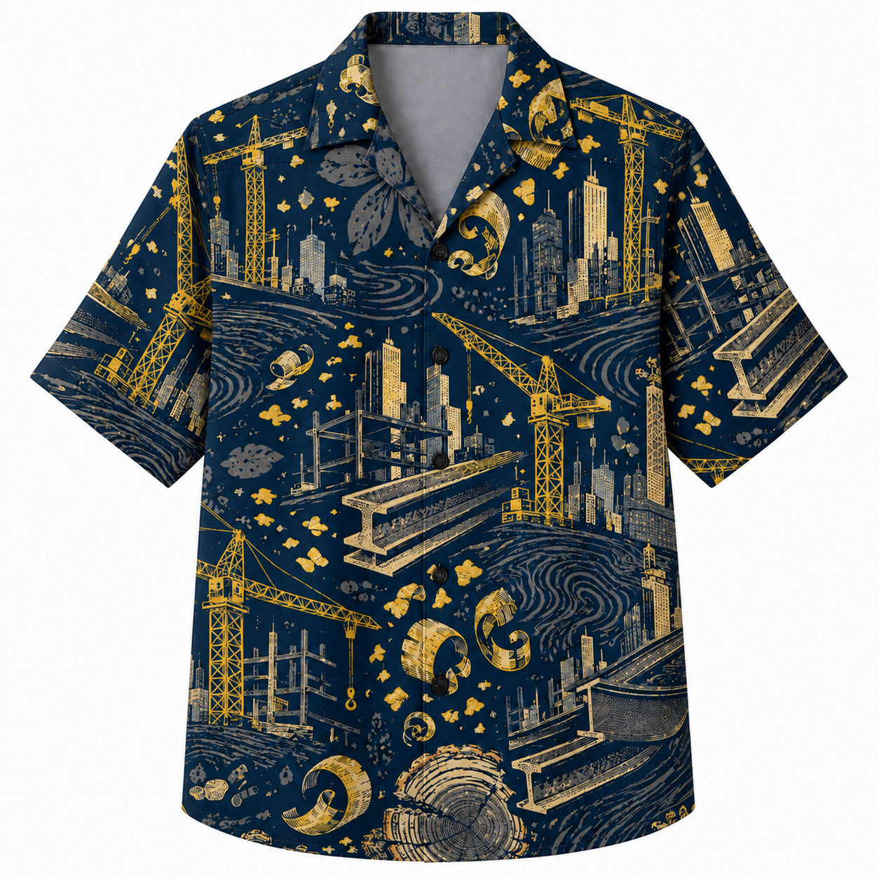 Labor Day Hawaiian Shirt- Starry Night Crane and Girder Skyline Print