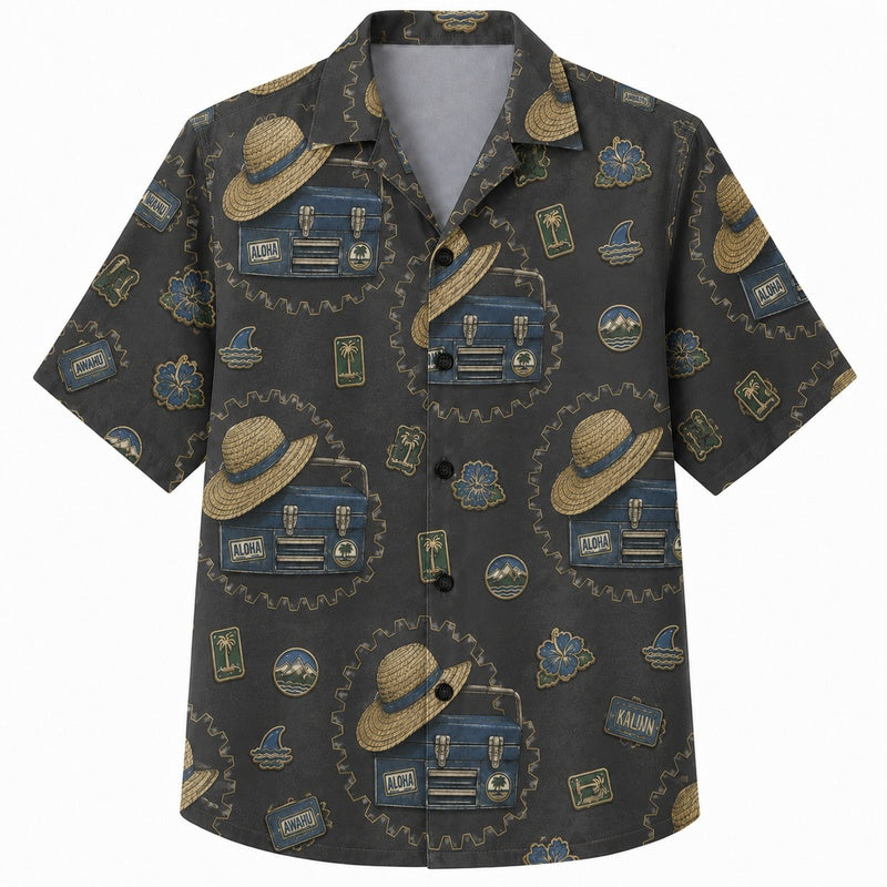 Labor Day Hawaiian Shirt Straw Hat Olive Print for the Holiday