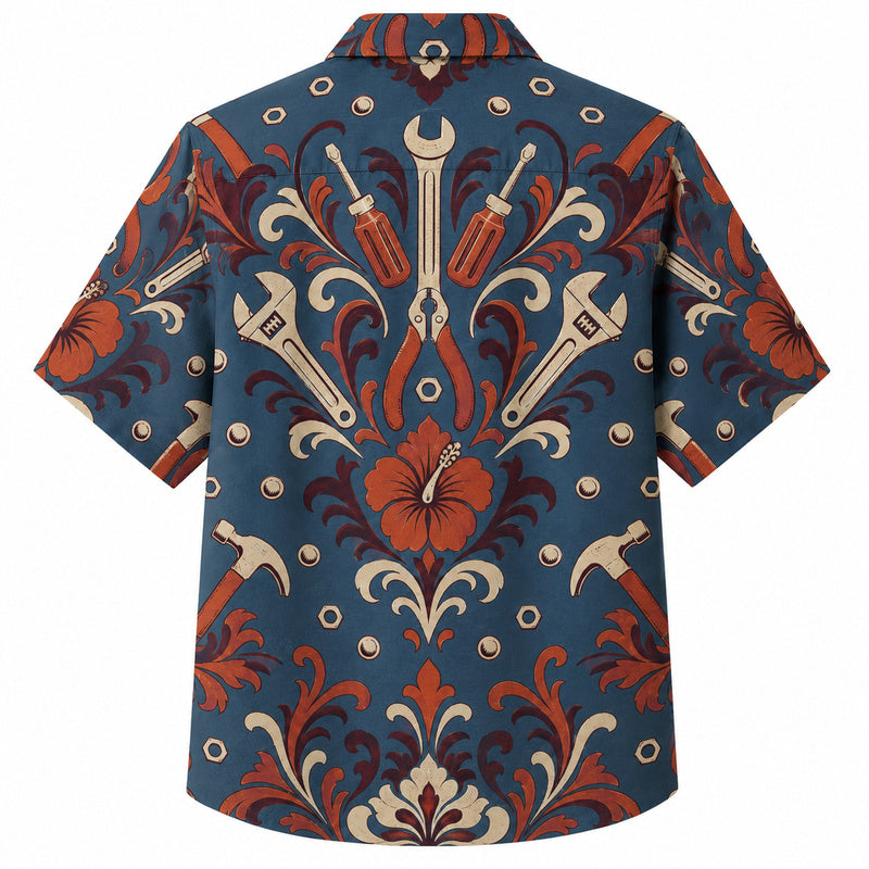 Labor Day Hawaiian Shirt- Symmetric Wrench and Hibiscus Damask Print