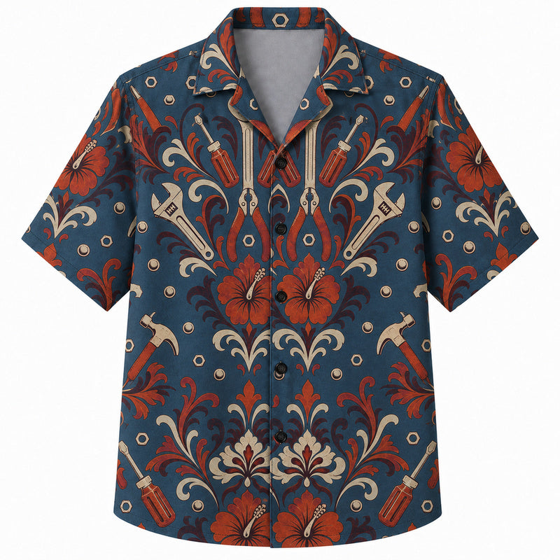Labor Day Hawaiian Shirt- Symmetric Wrench and Hibiscus Damask Print