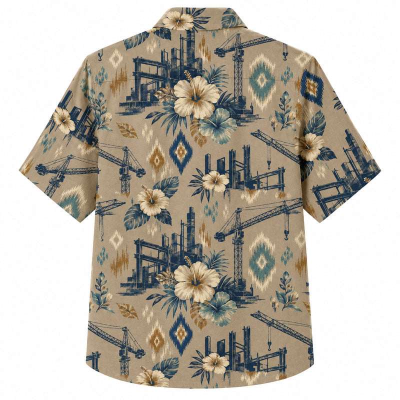 Labor Day Hawaiian Shirt- Tan Crane Tower and Hibiscus Print