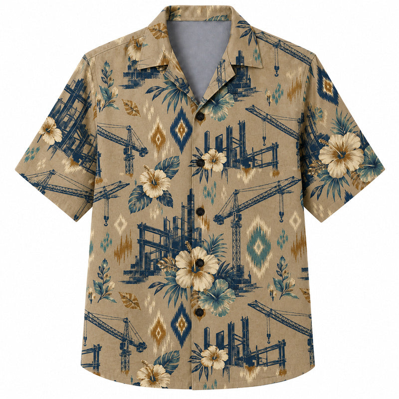 Labor Day Hawaiian Shirt- Tan Crane Tower and Hibiscus Print