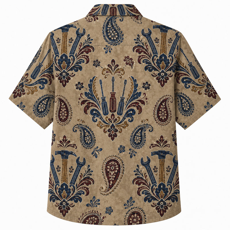 Labor Day Hawaiian Shirt- Tan Paisley Hammer and Damask Print