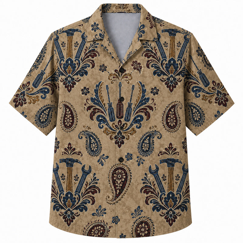 Labor Day Hawaiian Shirt- Tan Paisley Hammer and Damask Print