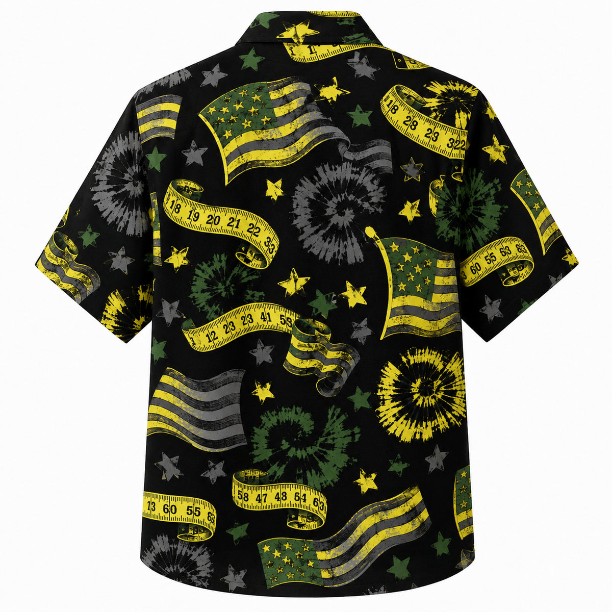 Labor Day Hawaiian Shirt- Tape Measure Ribbon and Flag Burst in Black