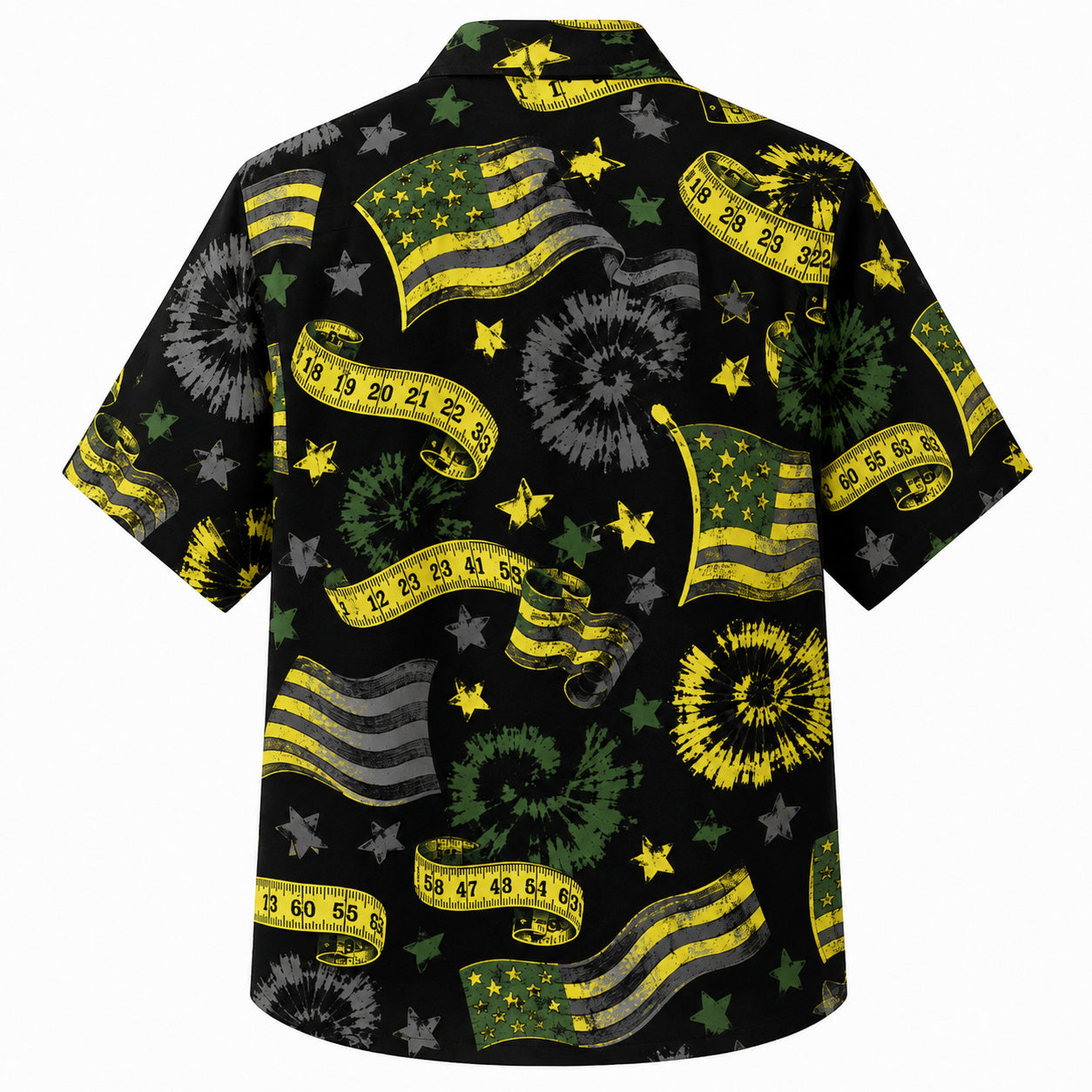 Labor Day Hawaiian Shirt- Tape Measure Ribbon and Flag Burst in Black