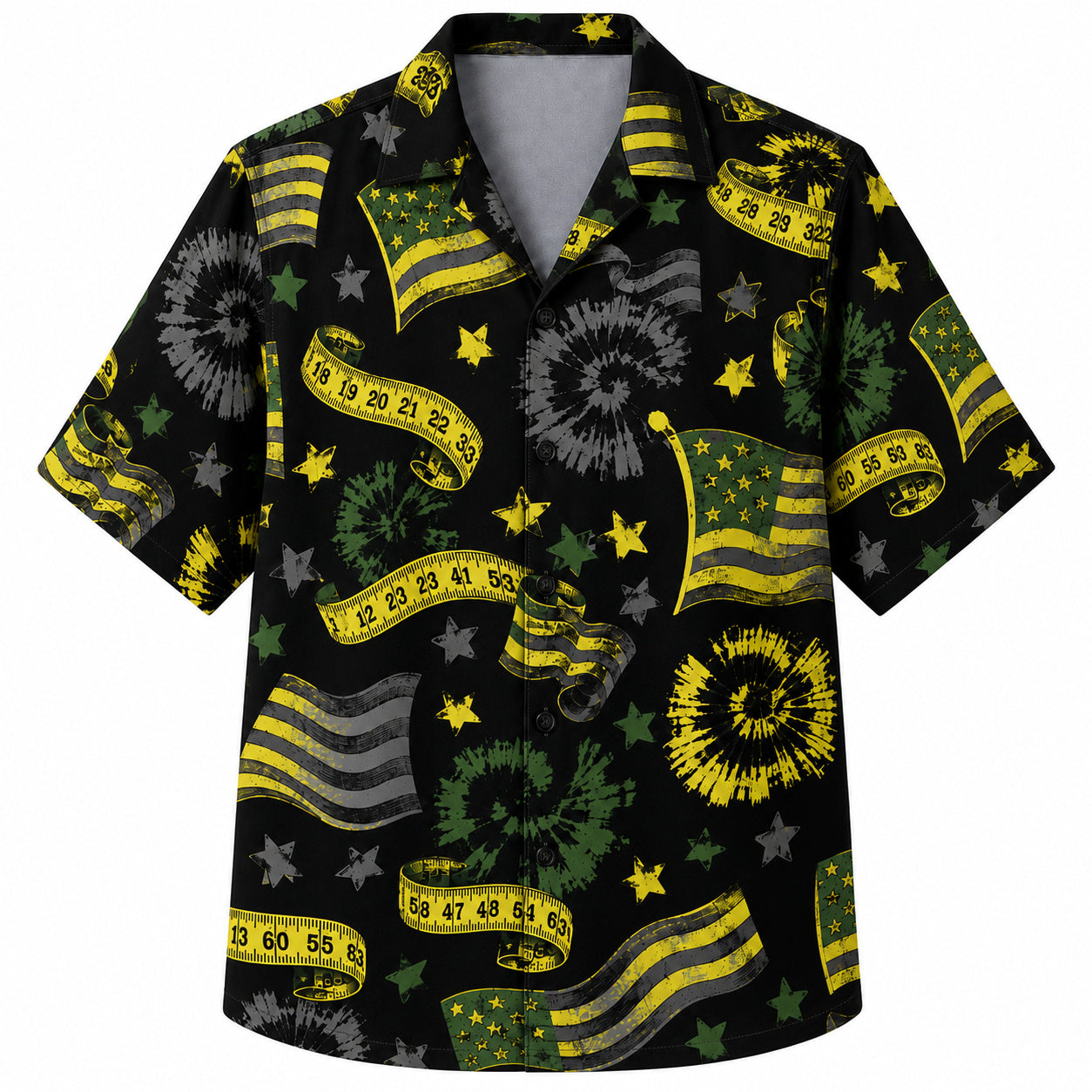 Labor Day Hawaiian Shirt- Tape Measure Ribbon and Flag Burst in Black