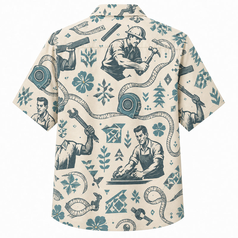 Labor Day Hawaiian Shirt- Teal Craftsman and Tape Measure Print