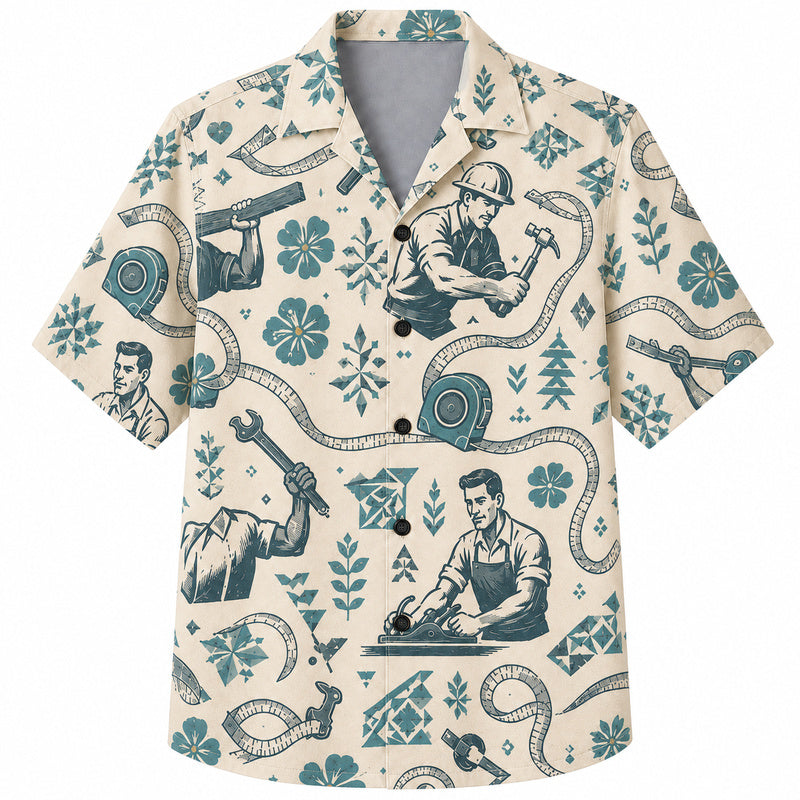 Labor Day Hawaiian Shirt- Teal Craftsman and Tape Measure Print