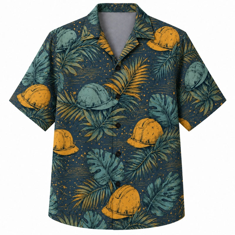 Labor Day Hawaiian Shirt- Teal Hard Hat Monstera Print for Summer